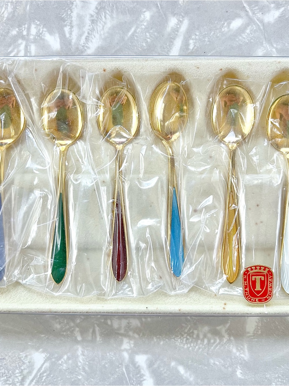 N. M. Thune Norway Set of 6 Gilt 925 Sterling Demitasse Enamel Spoons